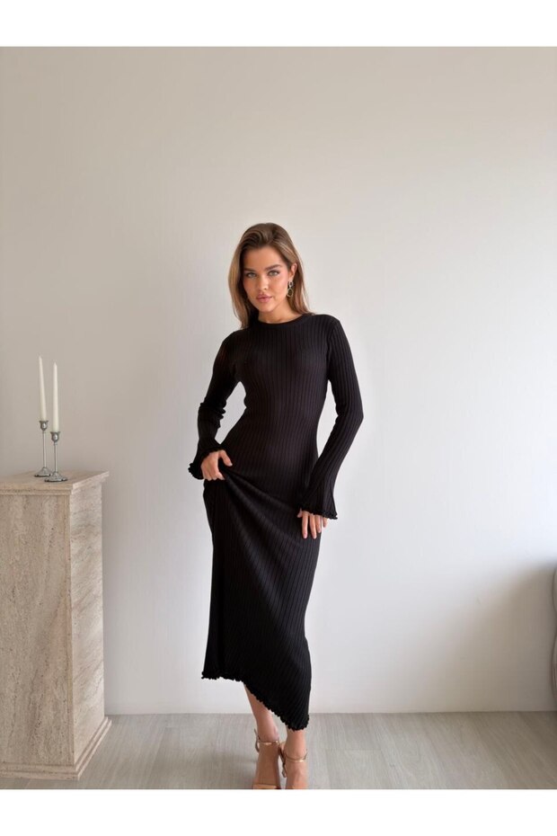 Ribbed Long Sleeve Ruffle Detailed Midi Knitwear Dress Aw26El0004