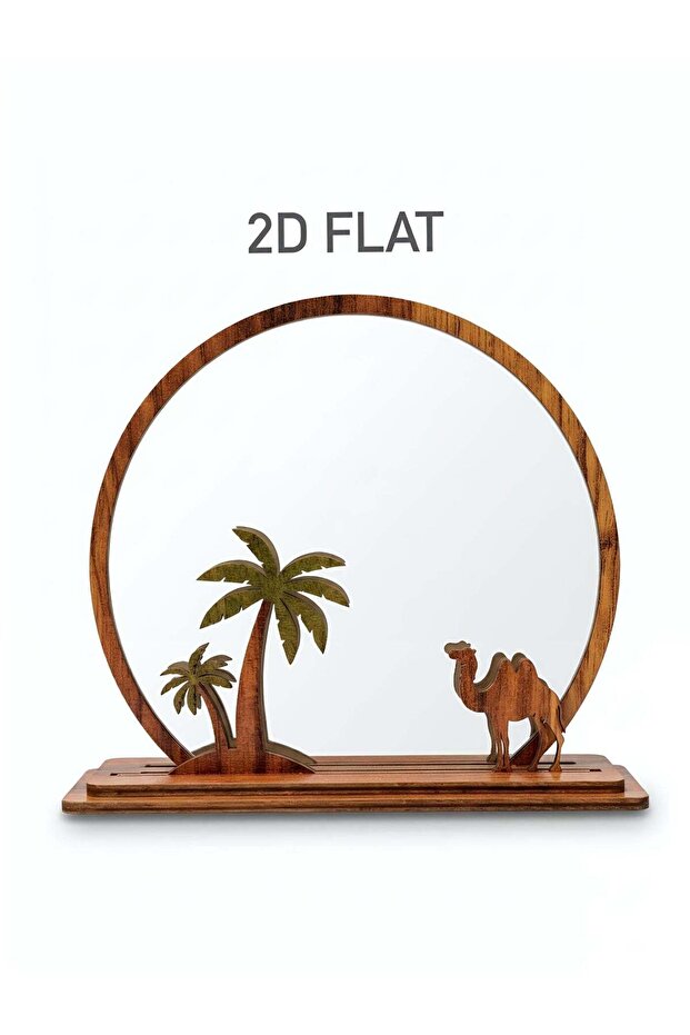 Wooden Decorative Table Mirror with Camel and Palm Tree Design