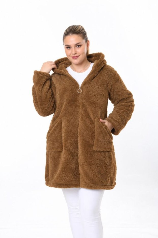 Women's Tan Color Long Zippered Fleece Cardigan