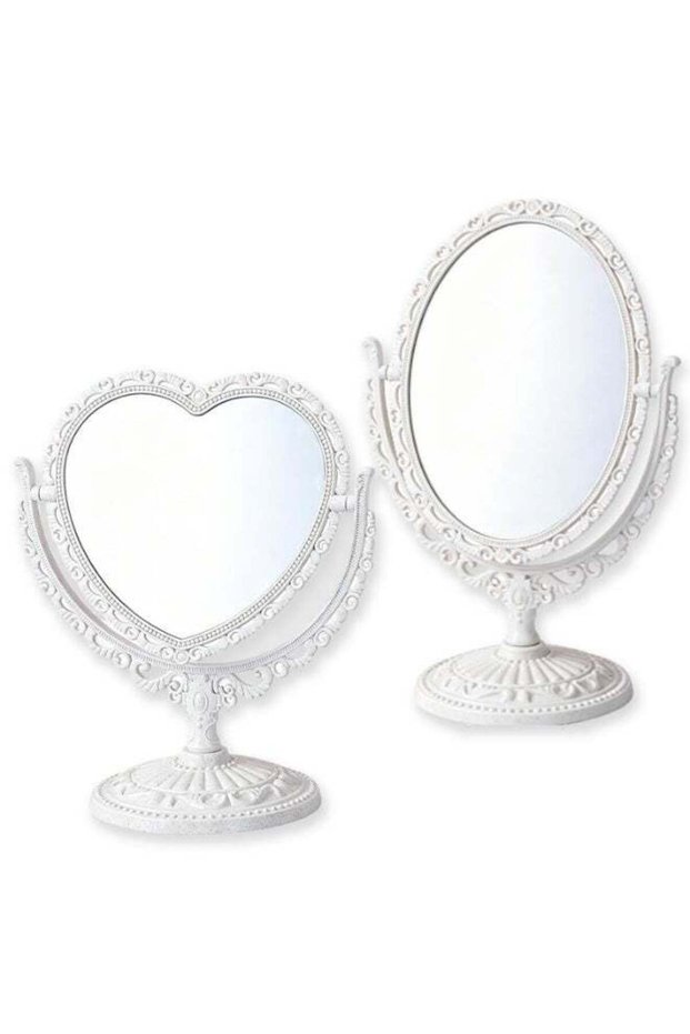 2 Pack Double Sided Desktop Makeup Mirror, Nordic Heart Shaped & Oval Vintage Vanity Mirror with St