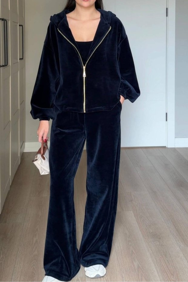 Dark Blue Color Hooded Triple Velvet Suit Per0097
