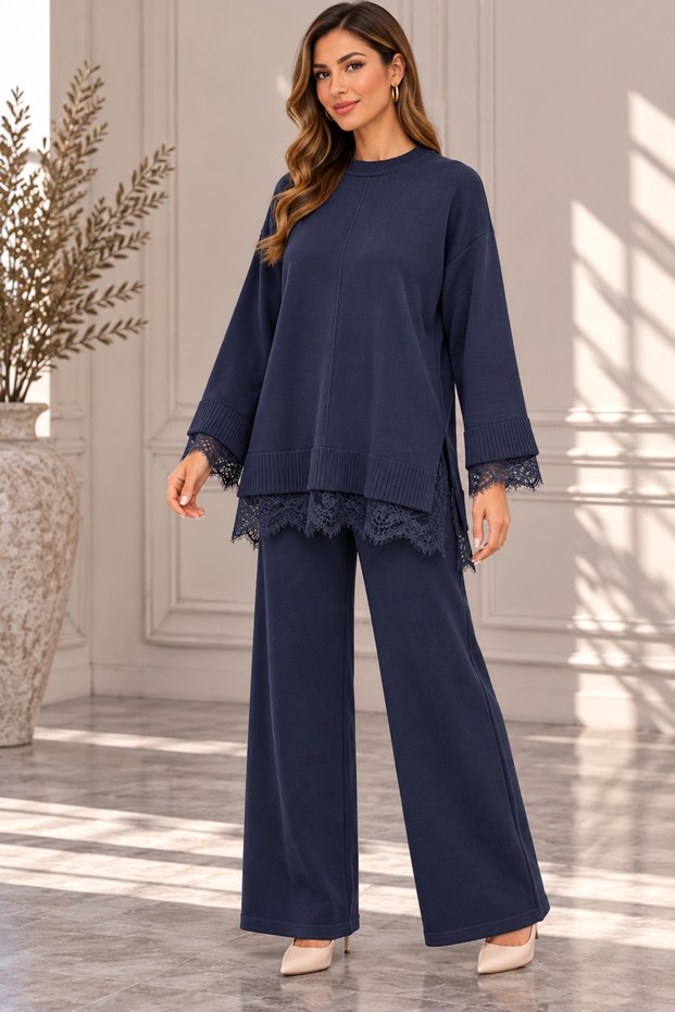 Plus Size Sleeve Skirt Tulle Detailed Knitwear Sweater Navy Blue