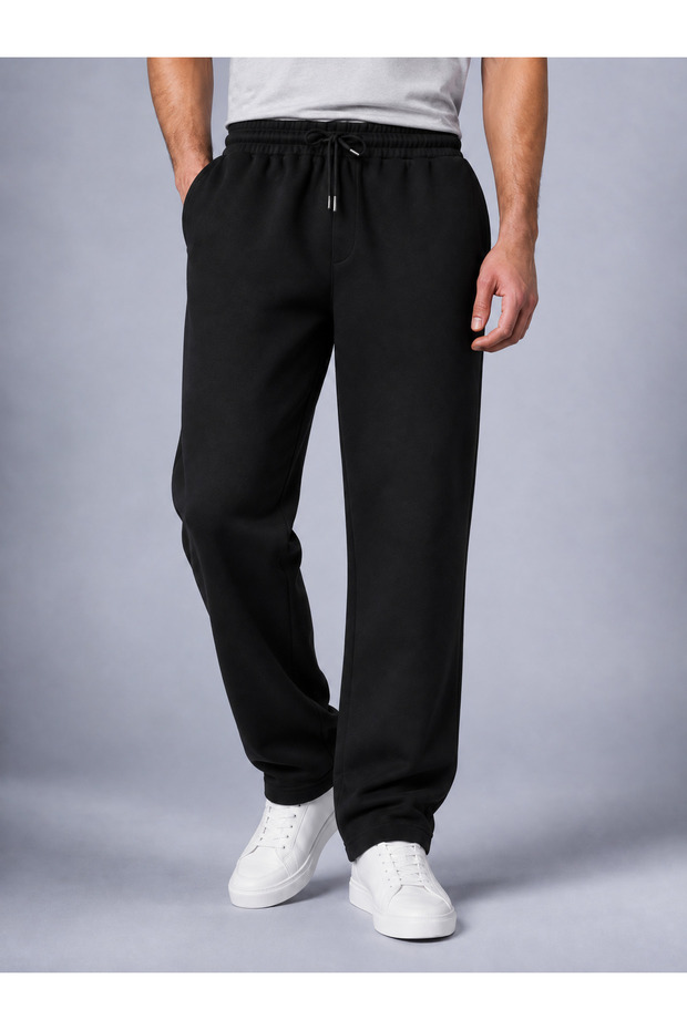 Men's Black 3-Strand Sweatpants Baggy Wide Leg Winter Cotton Combed Cotton with Fleece Inside