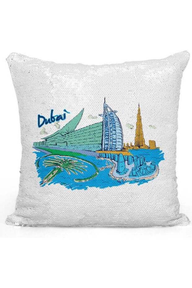 Dubai Themed Sequin Decorative Throw Pillow White/Blue/Silver 40x40cm