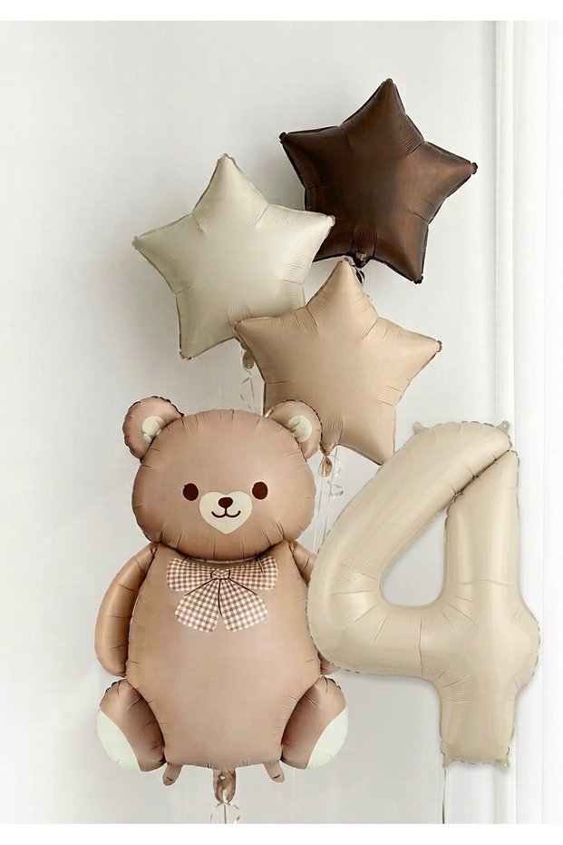 4 Year Old Foil Balloon Set Birthday Ornament with Teddy Bear and Star Number