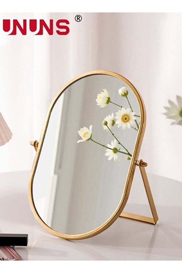 Table Mirror,Desktop Makeup Mirror with Golden Metal Standing 90° Rotation Vanity Table Mirror Port