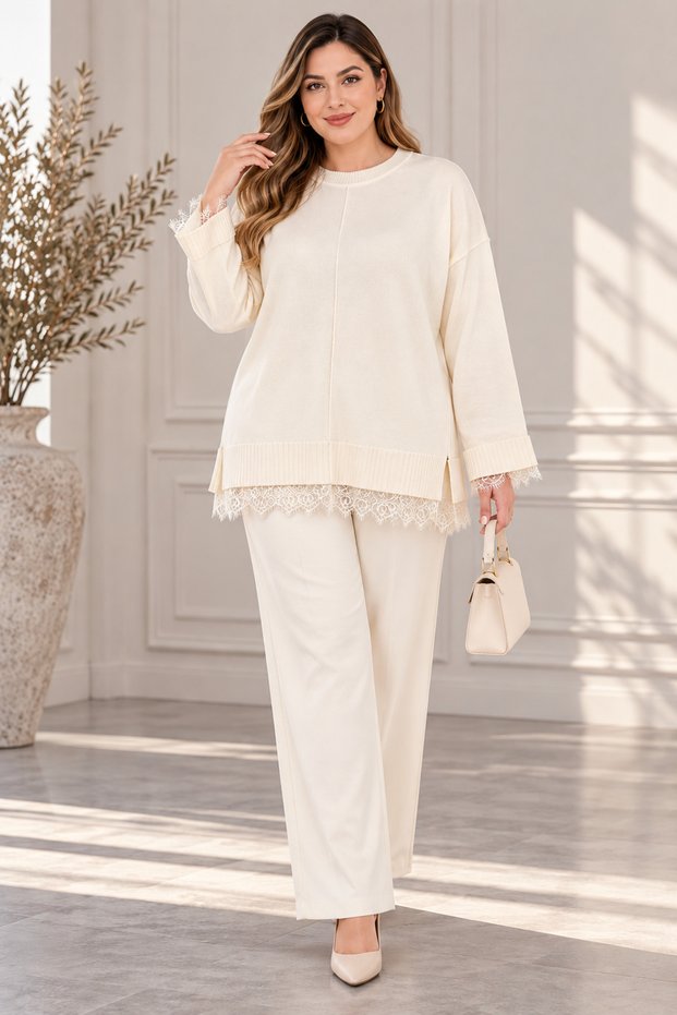 Plus size sleeve skirt tulle detailed knitwear sweater ecru