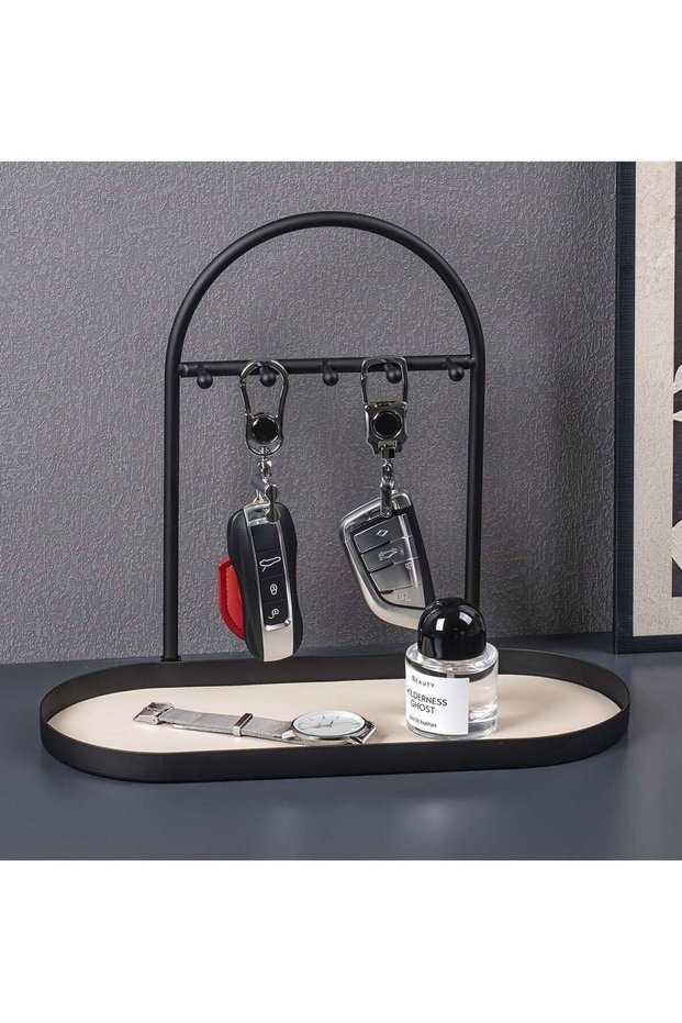 Modern Metal Key Holder and Organizer - Oval Entryway Tray with Hooks for Keys Watches Jewelry - Du