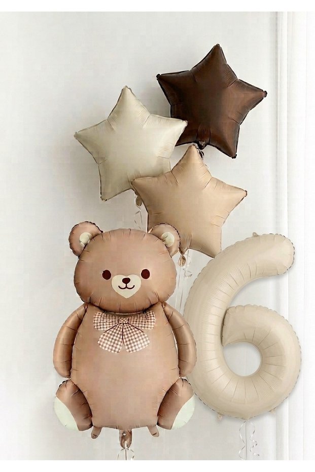 6 Year Old Foil Balloon Set Birthday Ornament with Teddy Bear and Star Number