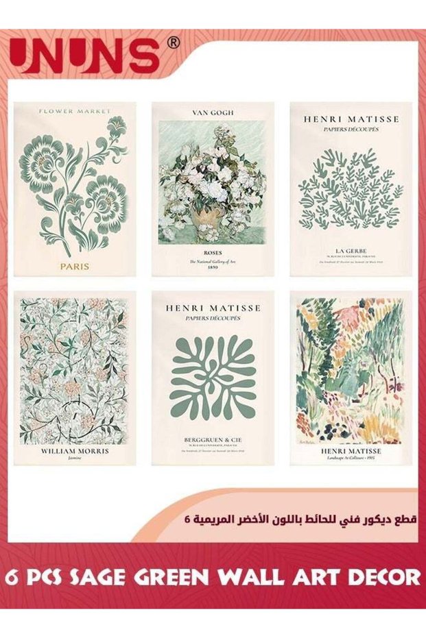Sage Green Wall Art Decor,6 Pcs Boho Abstract Hanging Painting Simple Retro Posters,Minimalist Flow