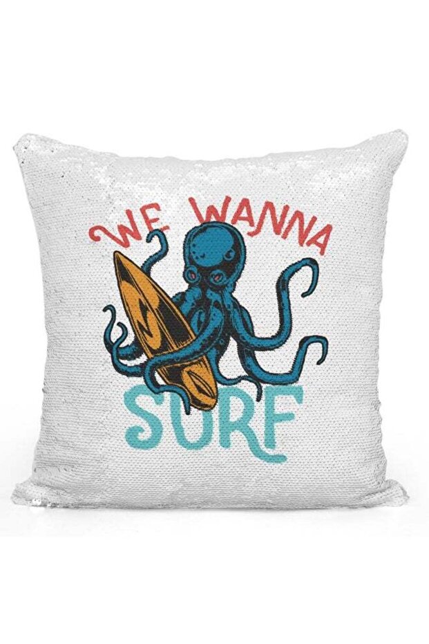 Decorative Throw Pillow - We Wanna Surf Octopus White/Blue/Red 16x16inch