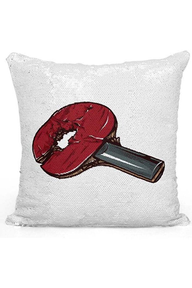 Decorative Throw Pillow Table Tennis Racket Design Sequin White/Red 40x40cm