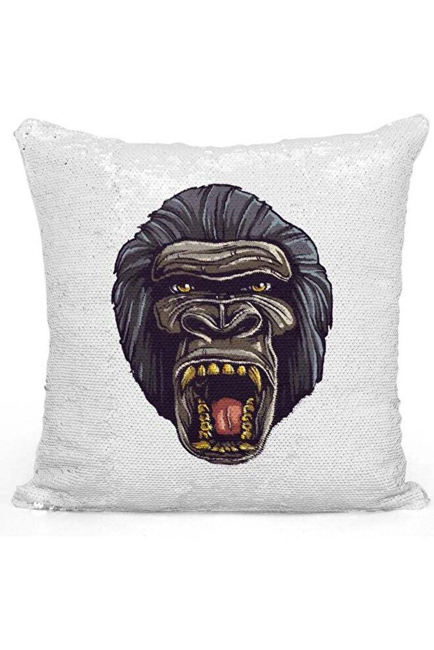 Angry Gorilla Themed Sequin Decorative Throw Pillow White/Grey/Silver