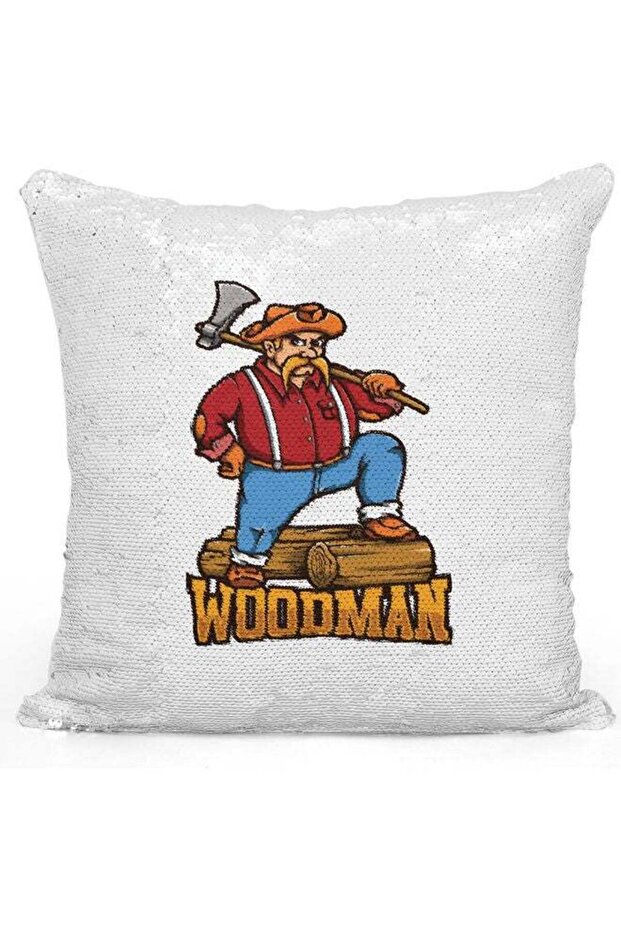 Wood Man Themed Sequin Decorative Throw Pillow White/Red/Silver