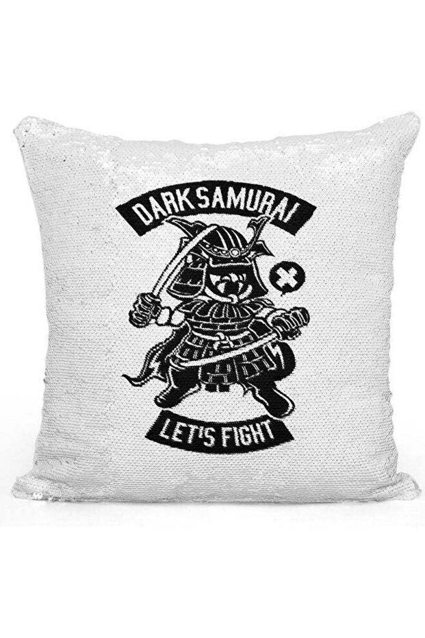 Dark Samurai Printed Sequin Decorative Throw Pillow White/Black/Silver 40x40cm