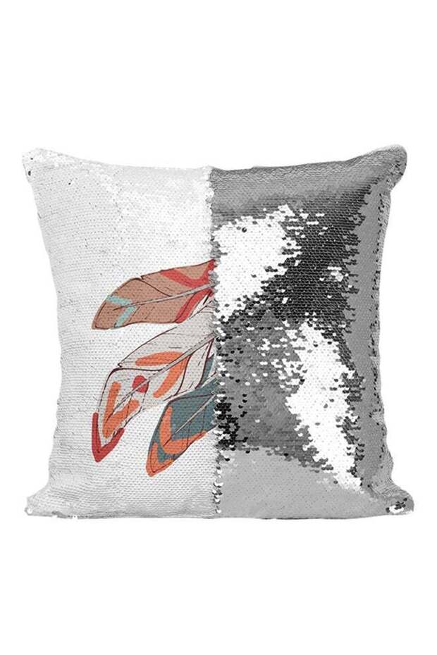 Native Indian Style Tribal Feather Sequined Throw Pillow Silver/Black/White 16x16inch