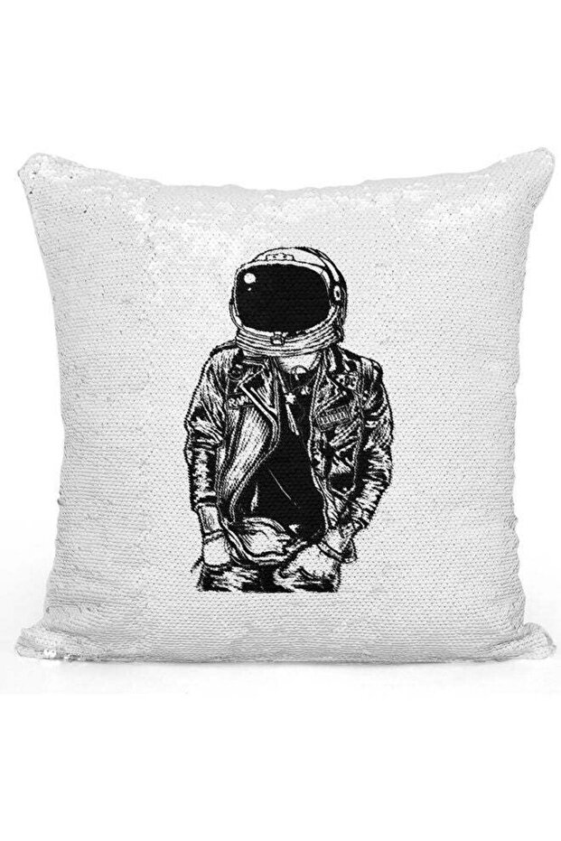 Cool Astronaut Printed Sequin Decorative Throw Pillow White/Black/Silver 40x40cm