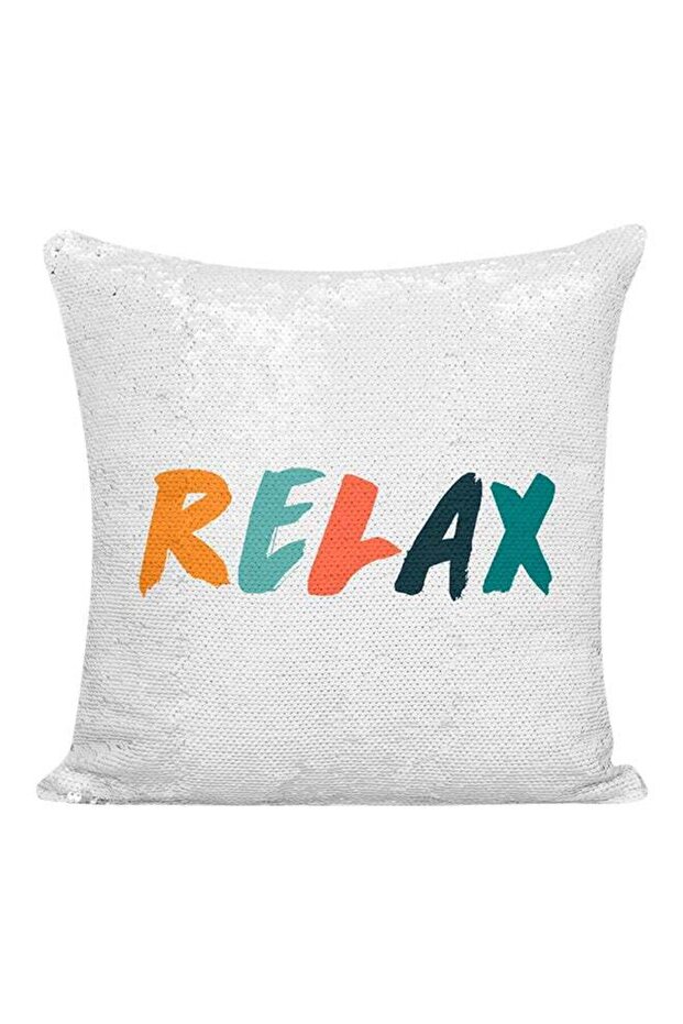 Relax Meditation Quote Sequined Decorative Pillow White/Silver/Green 16x16inch