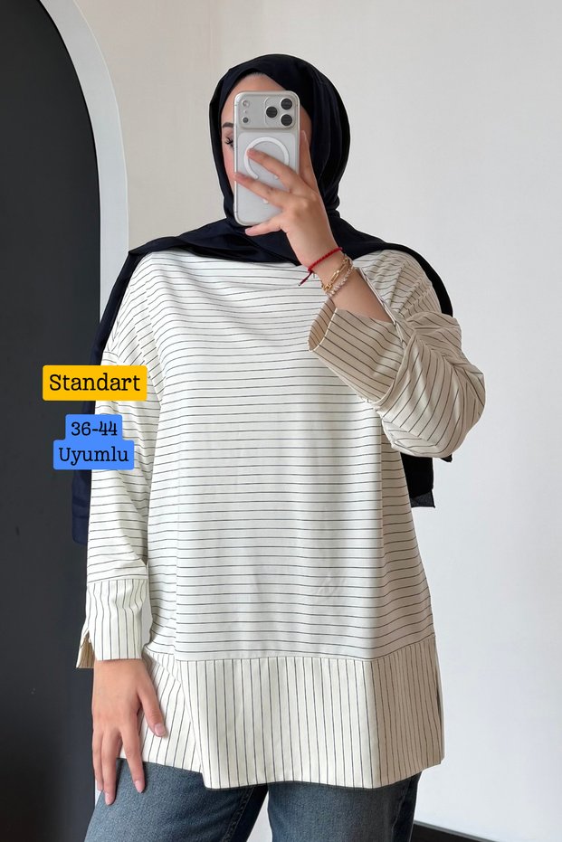 Women's Imported Lyocell Combed Cotton Fabric Crew Neck Striped Tunic 383 Ecru
