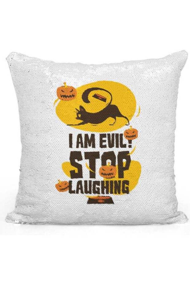 I Am Evil Printed Sequin Decorative Throw Pillow White/Yellow/Silver 40x40cm