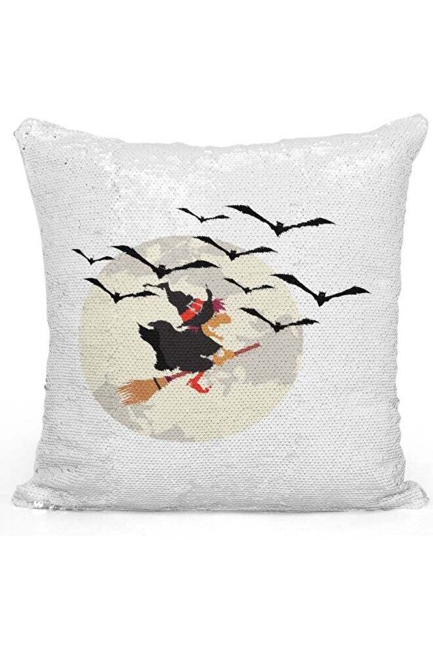 Flying Broom Themed Sequin Decorative Throw Pillow White/Black/Silver 40x40cm