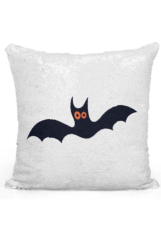 Cartoon Bat Themed Sequin Decorative Throw Pillow White/Silver/Blue