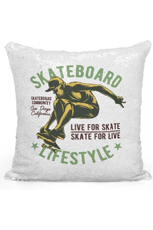 Skate Board Lifestyle Design Sequin Decorative Throw Pillow White/Silver/Green 40x40cm