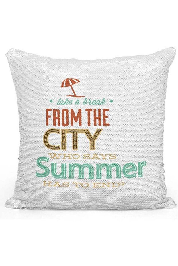 Taka A Break Themed Sequin Decorative Throw Pillow White/Silver/Green 40x40cm