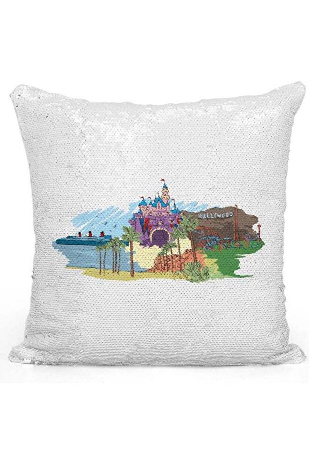 Holly Wood Themed Sequin Decorative Throw Pillow White/Blue/Pink 40x40cm