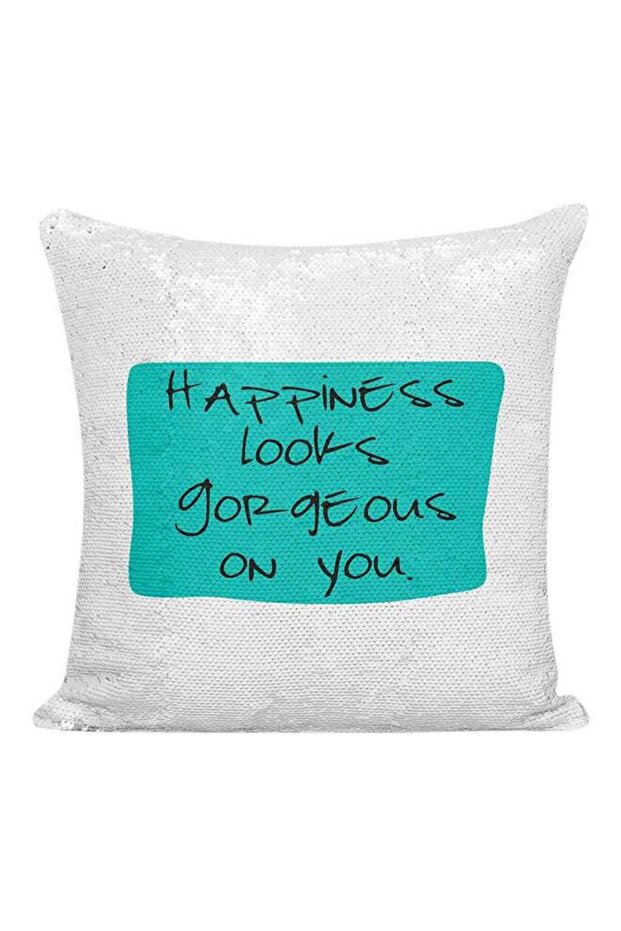 Happiness Looks Gorgeous On You Sequined Pillow White/Blue/Black 16x16inch