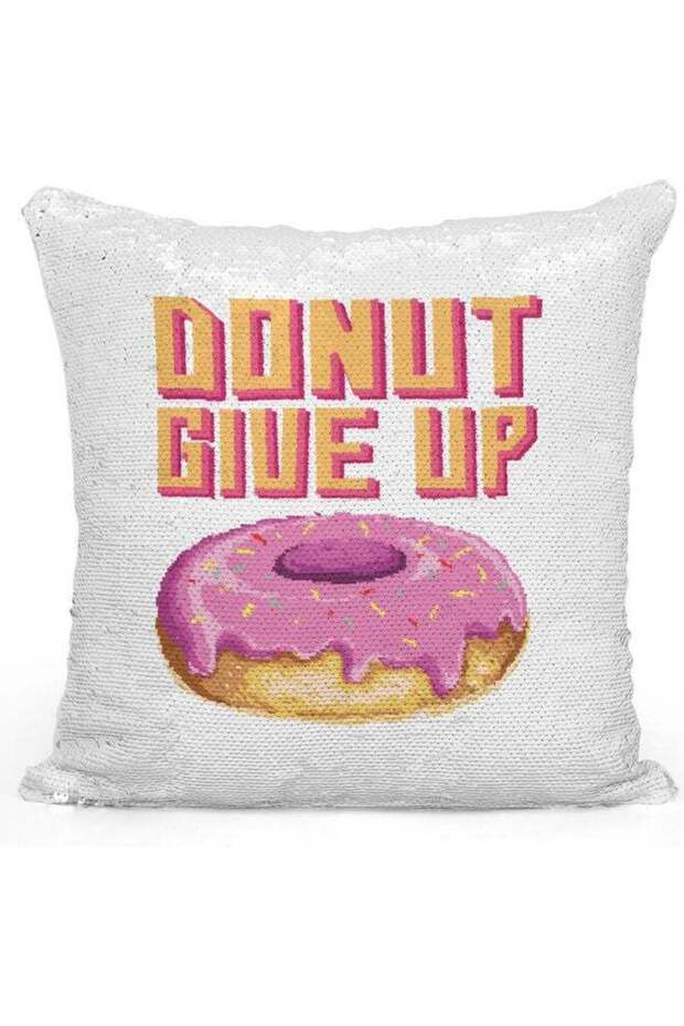 Donut Quote Themed Sequin Decorative Throw Pillow White/Pink/Silver 40x40cm
