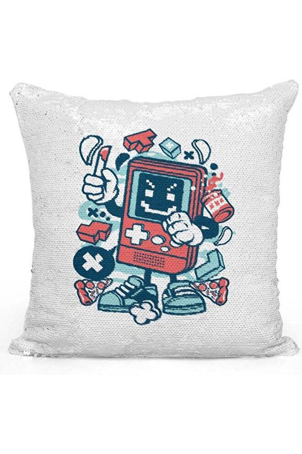 Retro Console Character Printed Sequin Decorative Throw Pillow White/Blue/Silver 40x40cm