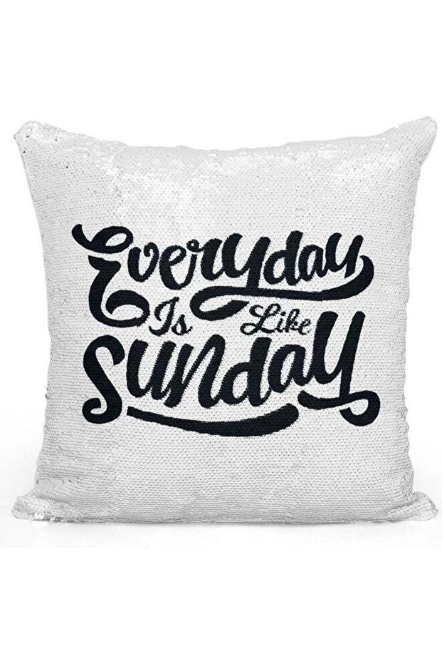 Everyday Sunday Life Themed Sequin Decorative Throw Pillow White/Silver/Black 40x40cm