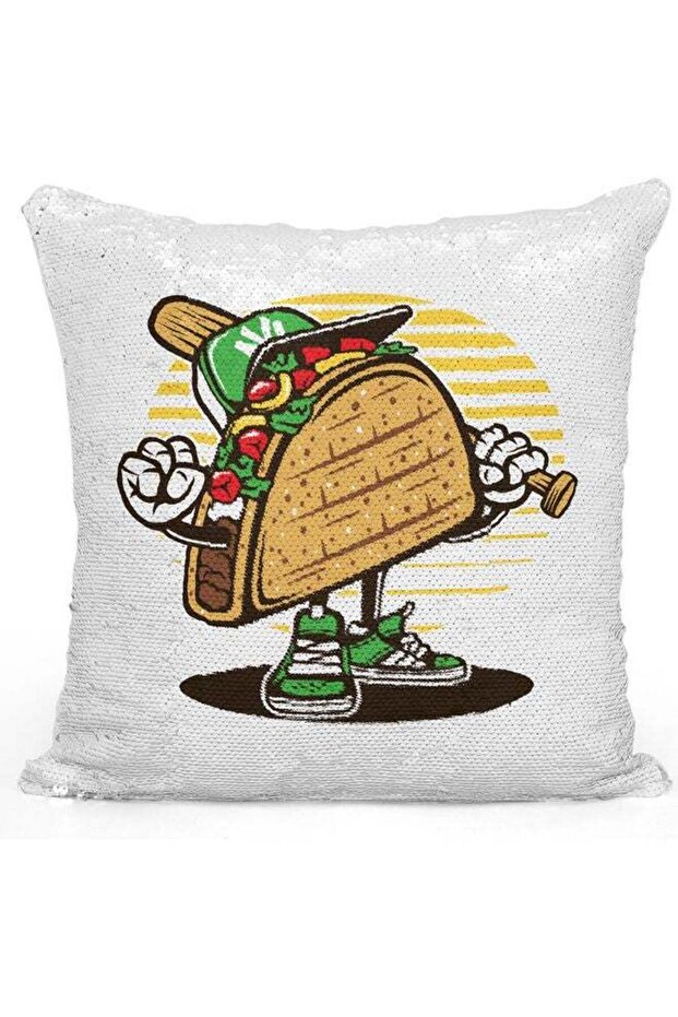 Taco Themed Sequin Decorative Throw Pillow White/Beige/Silver 40x40cm