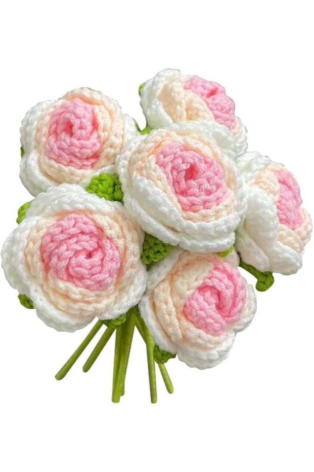 6PCS Hand-Woven Roses,Crochet Knitted Rose Flower Bouquet, Handmade Rose Artificial Flowers,Wedding
