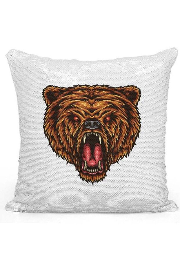 Bear Roar Themed Sequin Decorative Throw Pillow White/Brown/Silver
