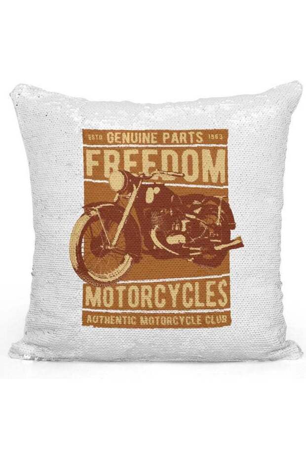 Freedom Bikes Printed Sequin Decorative Throw Pillow White/Brown/Silver 40x40cm