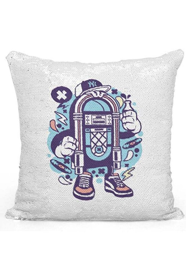 Retro Kid Jukebox Sequin Decorative Throw Pillow White/Silver/Blue 40x40cm
