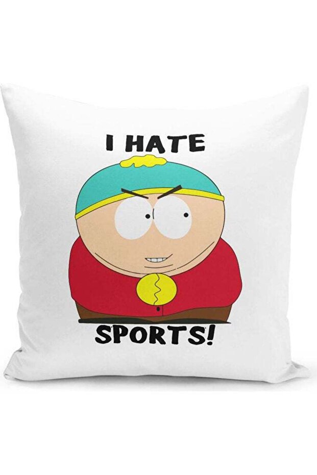 Eric Cartman I Hate Sports Quote Themed Throw Pillow White/Black/Red 16x16inch