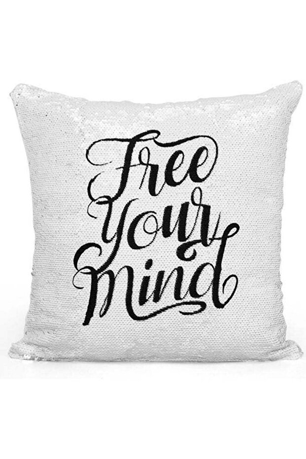 Free Your Mind Quote Themed Sequin Decorative Throw Pillow White/Silver/Black 40x40cm