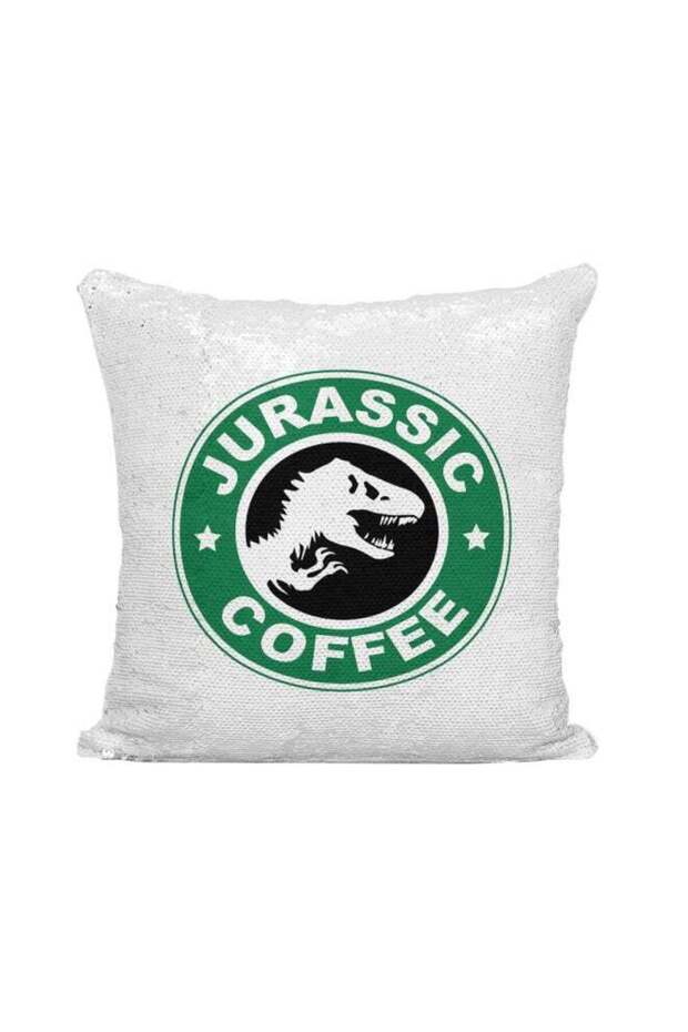 Starbucks Jurassic Park Coffee Printed Sequined Throw Pillow Silver/White/Green 16x16inch