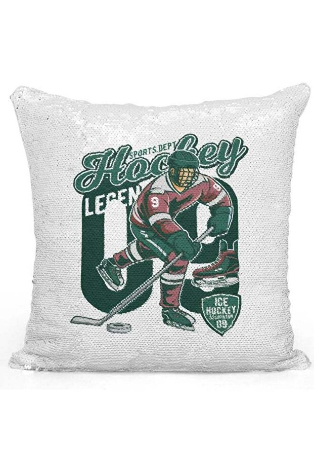 Ice Hockey Design Themed Sequin Decorative Throw Pillow White/Silver/Green 40x40cm