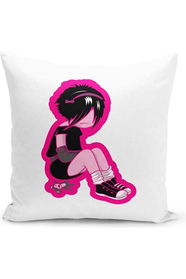 Sad Emo Girl Themed Decorative Throw Pillow White/Pink 40x40cm