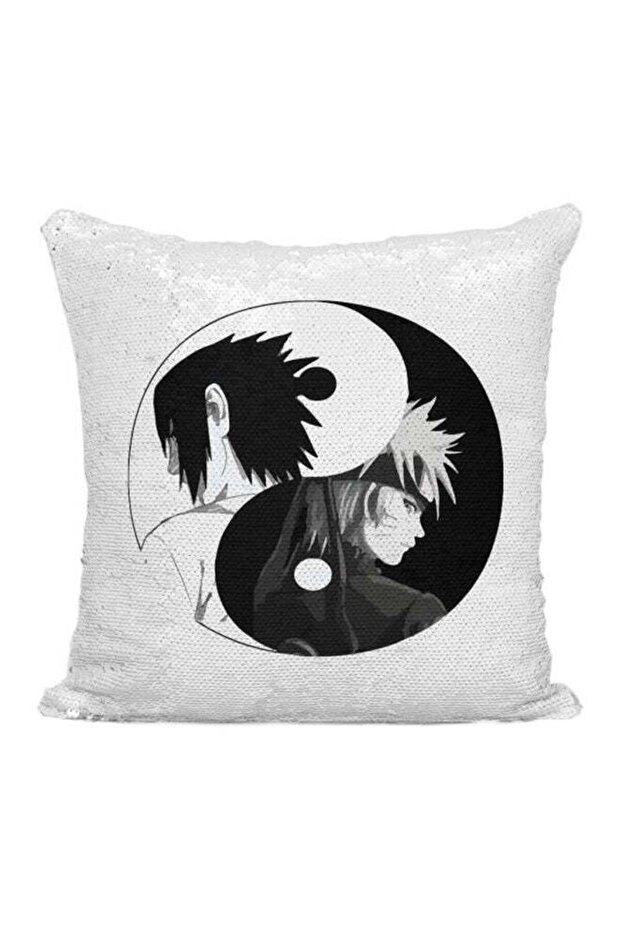 Naruto Yin Yang Printed Sequined Throw Pillow Silver/White/Black 16x16inch