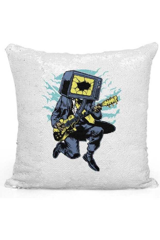 Guitarist Gift Themed Sequin Decorative Throw Pillow White/Silver/Blue 40x40cm