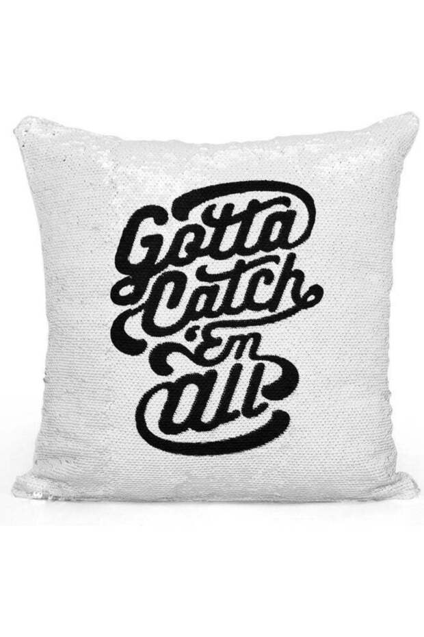 Gotta Catch Em Quote Themed Sequin Decorative Throw Pillow White/Silver/Black 40x40cm