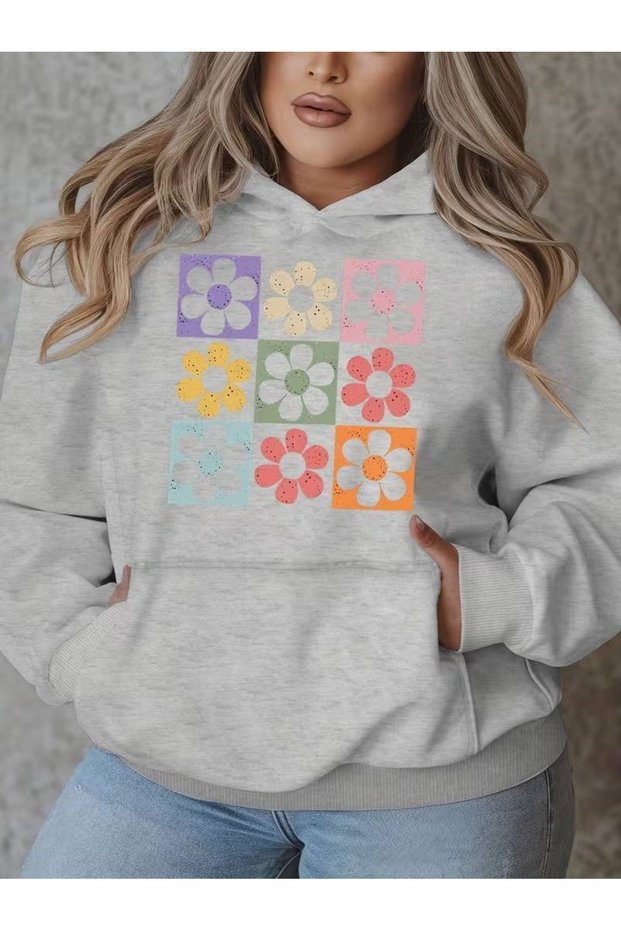 Women's Plaid Colorful Daisy Detail Front Printed Premium Hooded 2 Thread Oversize Sweatshirt