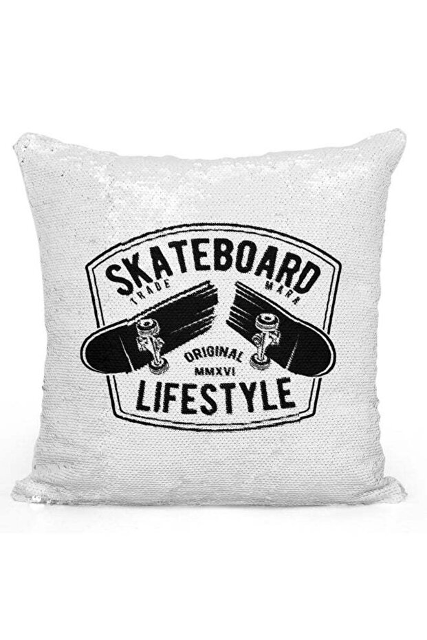 Decorative Throw Pillow - Skateboard Sequin White/Black 16x16inch