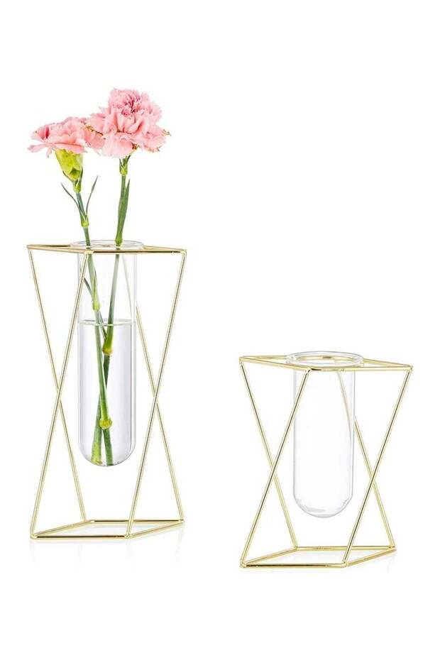 2-Piece Modern Geometric Glass Vase Set with Gold Metal Stand - Clear Cylinder Vases for Home, Offi