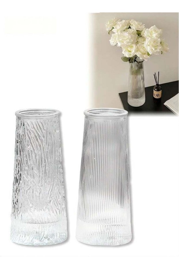 Set of 2 Clear Glass Vase, Minimalist Ins Style Embossed Flower Vase for Home Decor, Clear Tableto